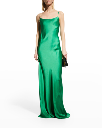 Shop Victoria Beckham Satin Open-back Maxi Slip Dress In Emerald Green
