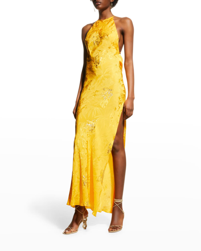 Shop Adriana Iglesias Lea Metallic Floral Jacquard Open-back Thigh-slit Maxi Dress In Yellow & Gold