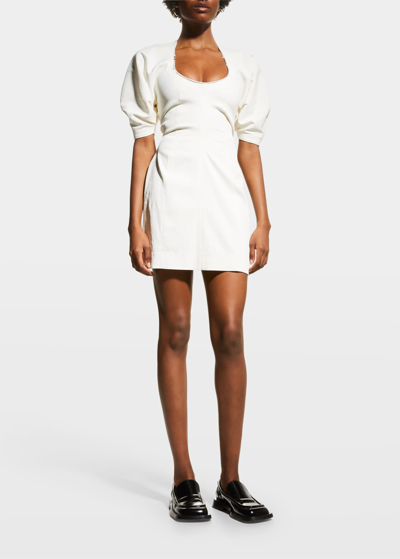 Shop Proenza Schouler Puff-sleeve Stretch Linen Mini Dress In Ecru