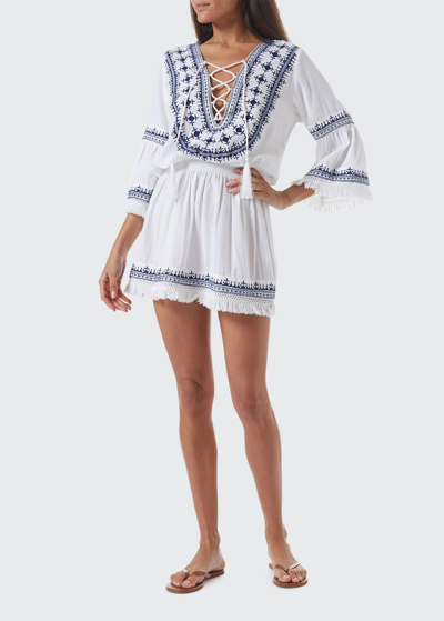 Shop Melissa Odabash Martina Embroidered Coverup Mini Dress In Whitehot Pink