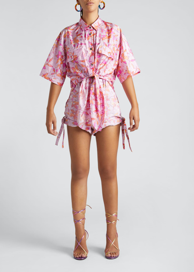 Shop Isabel Marant Naesqui Floral Side-tie Denim Shorts In Pink