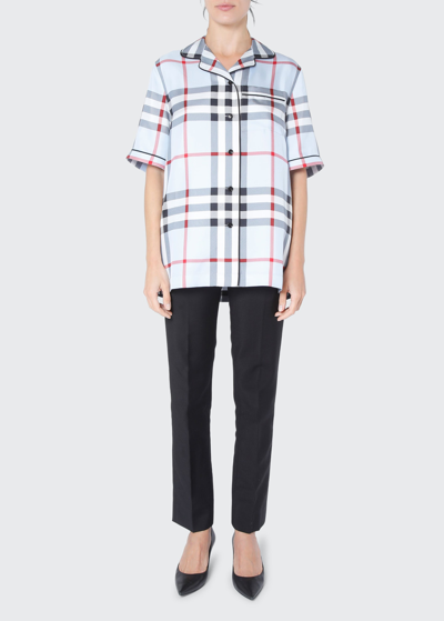 Shop Burberry Tierney Check Mulberry Silk Pajama Shirt In Pale Blue Ip Chec
