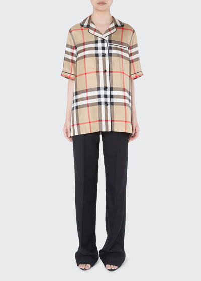 Shop Burberry Tierney Check Mulberry Silk Pajama Shirt In Archive Beige Ip