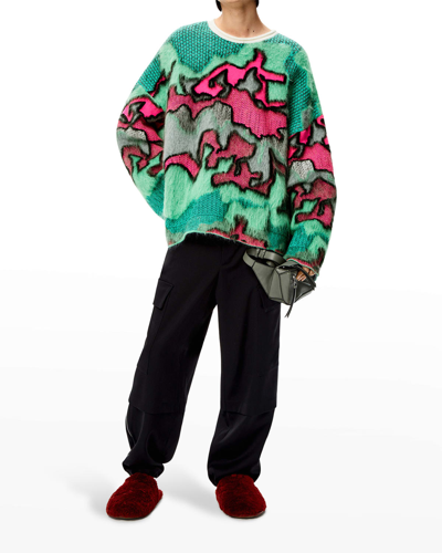 Shop Loewe Men's Fuzzy Camo Oversized Sweater In Multicolor