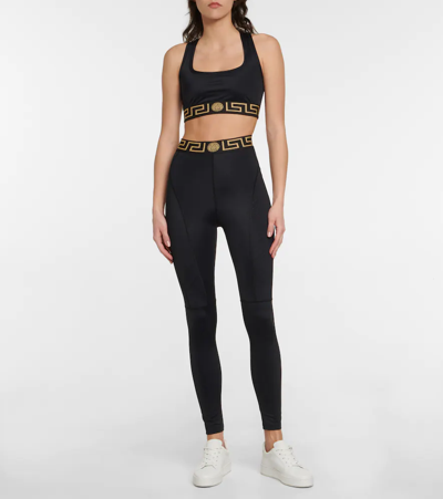 Versace Black Leggings With High Waist And Greca Motif On The Waist In Viscose Blend Stretch Woman In Nero