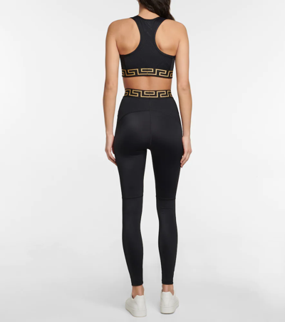 Versace Black Leggings With High Waist And Greca Motif On The Waist In Viscose Blend Stretch Woman In Nero