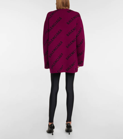 Shop Balenciaga Logo Intarsia Wool Cardigan In Purple/black
