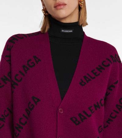 Shop Balenciaga Logo Intarsia Wool Cardigan In Purple/black