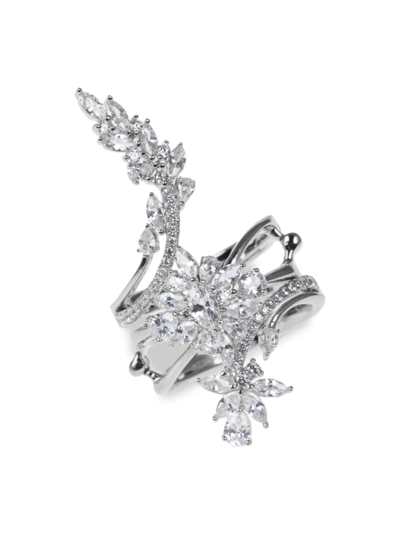 Cz By Kenneth Jay Lane Women's Look Of Real Rhodium Plated & Cubic Zirconia Flower Stacked Ring In Brass
