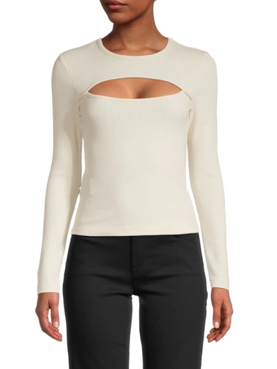 Shop Bcbgeneration Women's Ribbed Knit Cutout Crewneck Top In Oatmeal