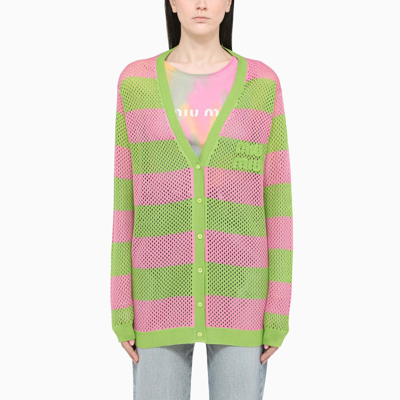Shop Miu Miu Green/pink Striped Mesh Cardigan In Multicolor