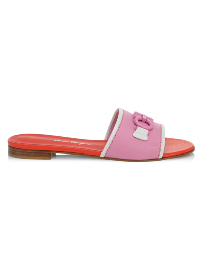 Shop Ferragamo Rhodes Gancini Leather Flat Sandals In Flamingo