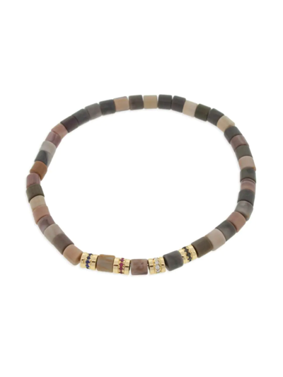 Shop Luis Morais Men's 14k Yellow Gold & Mixed-gemstone Beaded Stretch Bracelet In Taupe