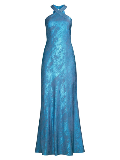 Shop Aidan Mattox Women's Sleeveless Foiled Mermaid Gown In Ocean Dream