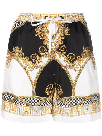 Shop Versace La Coupe Des Dieux-print Silk Shorts In Weiss