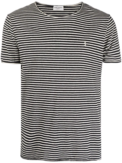 Shop Saint Laurent Logo-embroidered Striped T-shirt In Schwarz