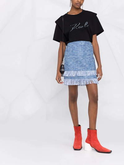 Shop Karl Lagerfeld Fringed Bouclé Mini Skirt In Blue
