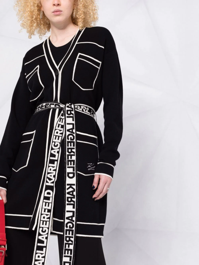 Karl Lagerfeld Cotton And Wool Blend Long Cardigan In Black