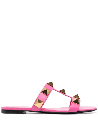 Shop Valentino Roman Stud Slide Sandals In Pink