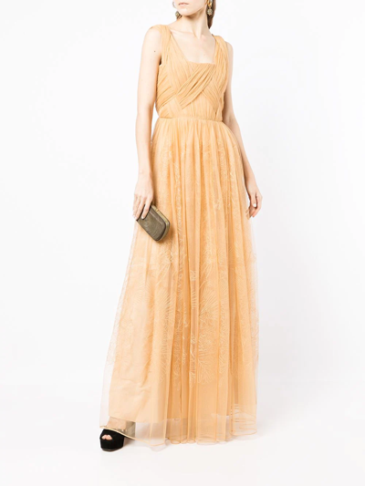 Shop Alberta Ferretti Embroidered Motif Pleated Gown In Yellow