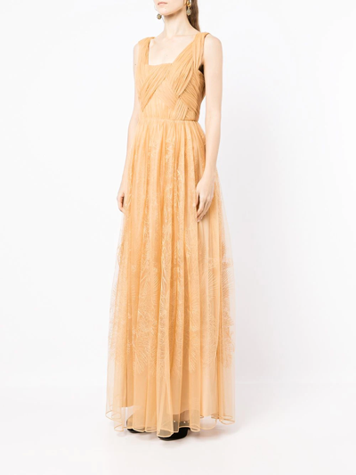 Shop Alberta Ferretti Embroidered Motif Pleated Gown In Yellow