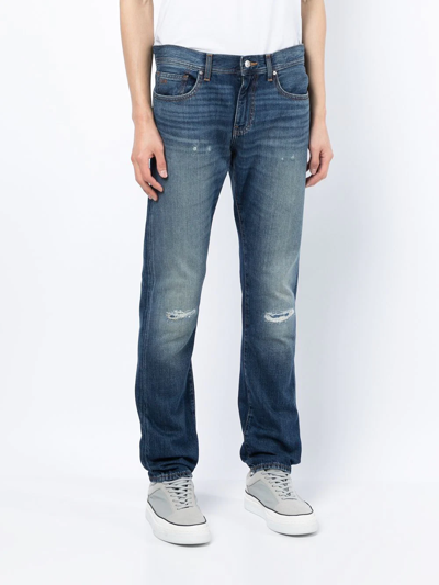 Shop Armani Exchange Mid-rise Distressed Straight Leg Jeans In Blue