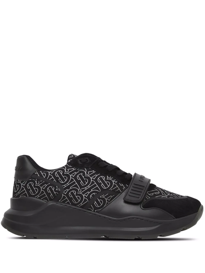 Shop Burberry Ramsey Monogram-print Low-top Sneakers In Black