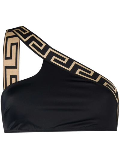 Shop Versace Greca One-shoulder Bikini Top In Black