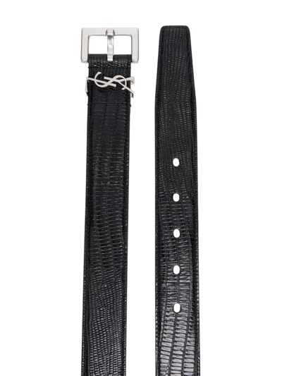 Shop Saint Laurent Croc-embossed Leather Belt In Schwarz