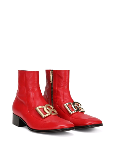 Shop Dolce & Gabbana Dg-buckle Leather Ankle Boots In Red
