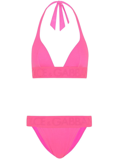 Shop Dolce & Gabbana Halterneck Logo-band Bikini In Pink