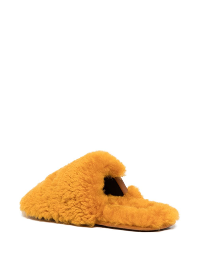 Shop Loewe Logo-patch Faux-shearling Slippers In Yellow