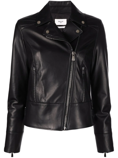 Shop Bally Asymmetric Leather Biker Jacket In Black