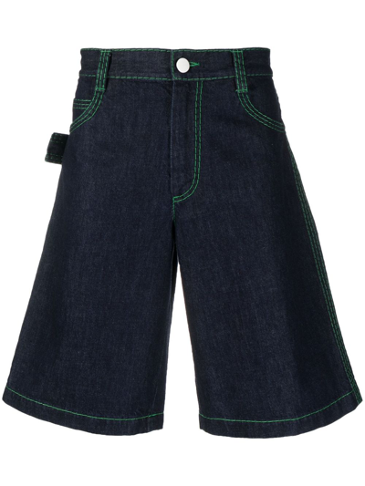 Shop Bottega Veneta Flared Contrast-stitch Denim Shorts In Blue