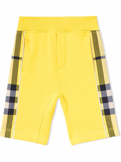 Shop Burberry Check Panel Cotton Track Shorts In Yellow