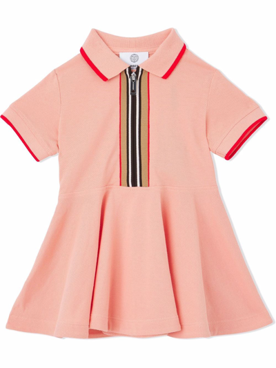 Shop Burberry Icon Stripe Half-zip Polo Shirt Dress In Pink