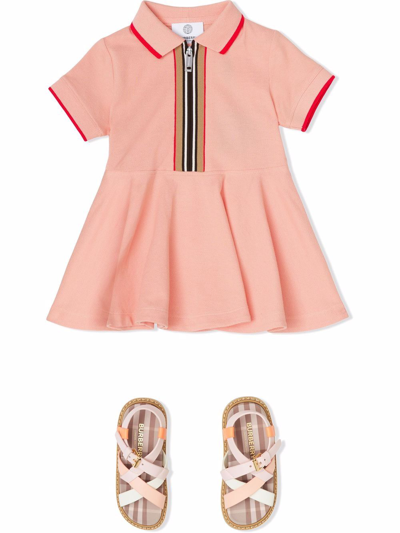 Shop Burberry Icon Stripe Half-zip Polo Shirt Dress In Pink