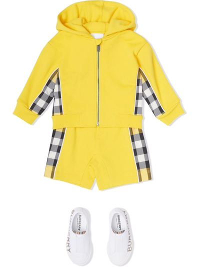 Shop Burberry Check Panel Zip-up Hoodie In Yellow