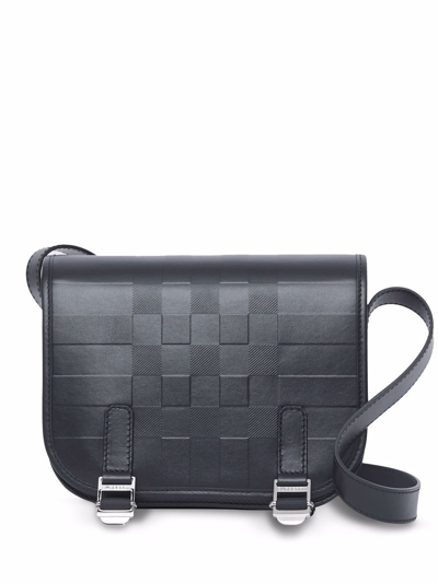 Shop Burberry Rider Embossed-check Leather Messenger Bag In Black