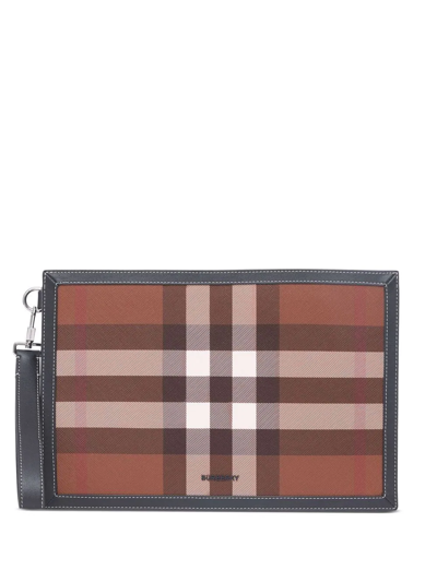 Shop Burberry Check-pattern Leather Pouch In Brown