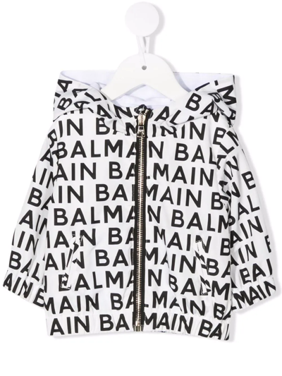 Shop Balmain Logo-print Hooded Zip-up Jacket In White