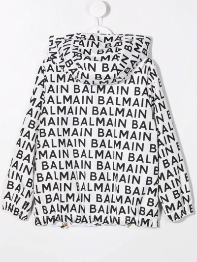 Shop Balmain Logo-print Hooded Zip-up Jacket In White