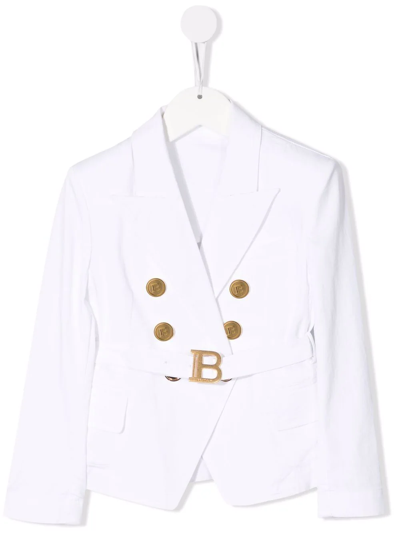 Shop Balmain Logo Belted Blazer In White