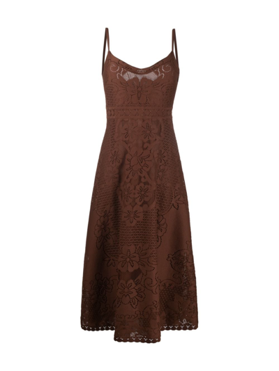 Shop Valentino Sleeveless Floral Midi Dress In Brown