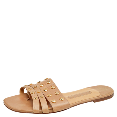 Pre-owned Gina Beige Leather Embellished Slide Sandals Size 38.5
