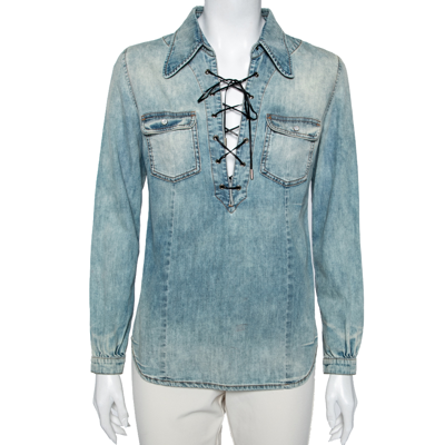 Pre-owned Roberto Cavalli Blue Denim Lace-up Detail Long Sleeve Shirt S