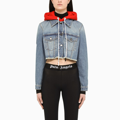 Shop Palm Angels Denim Cropped Hooded Jacket In Blue