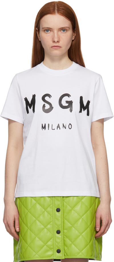 Shop Msgm White Stroke Logo T-shirt In 01 Optical White