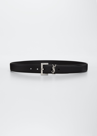 Shop Saint Laurent Ysl Grained Leather Belt In 1000 Noirnickle