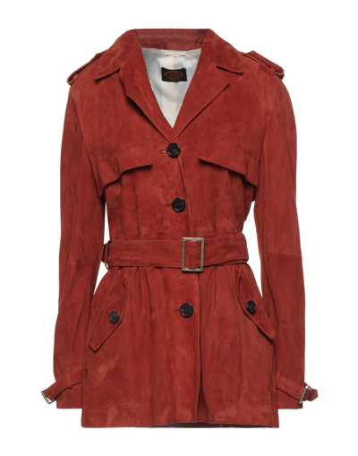 Shop Tod's Woman Overcoat & Trench Coat Rust Size 4 Ovine Leather In Red
